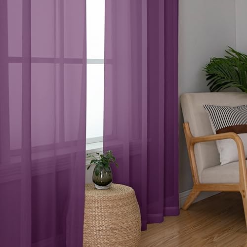 Sheer Curtains 63 Inch Length 2 Panels, Rod 42″W x 63″L (Pack of 2) Plum