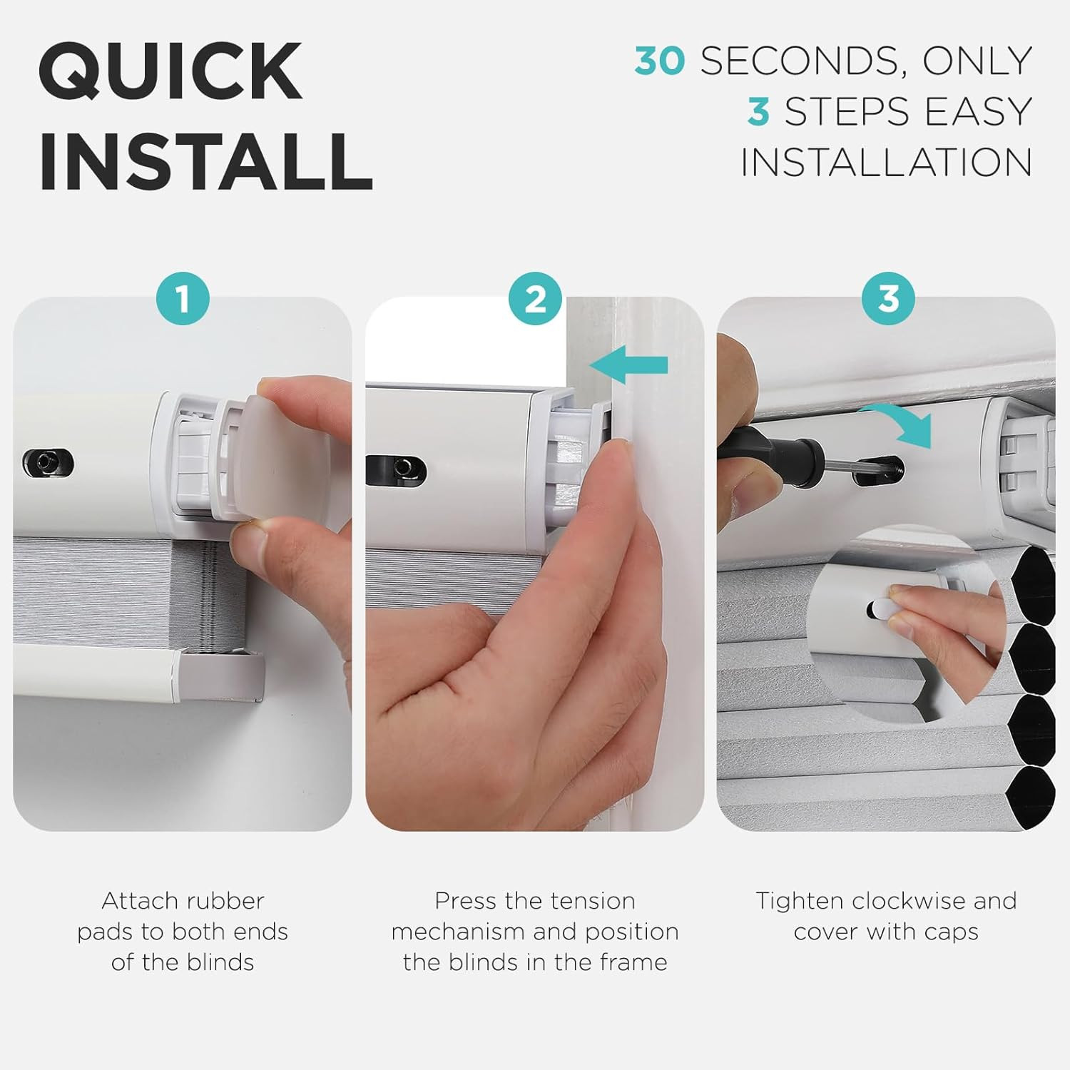 No Tools No Drill Window Blinds for Indoor Windows, Blackout Shades Cellular Sha