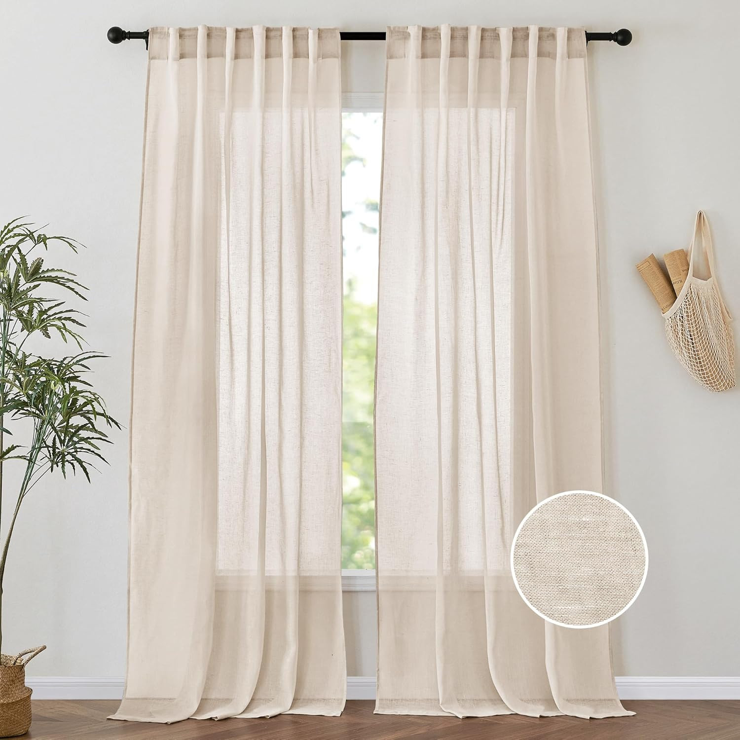 Natural Linen Back Tab Curtains 84 Inch Length for Living Room 2 Panel Pocket Dr