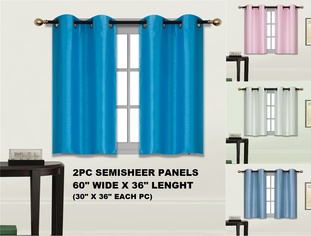 2pc LIGHT FILTERING SMALL SHORT HALF WINDOW CURTAIN GROMMET PANELS 30″WX36″L N25