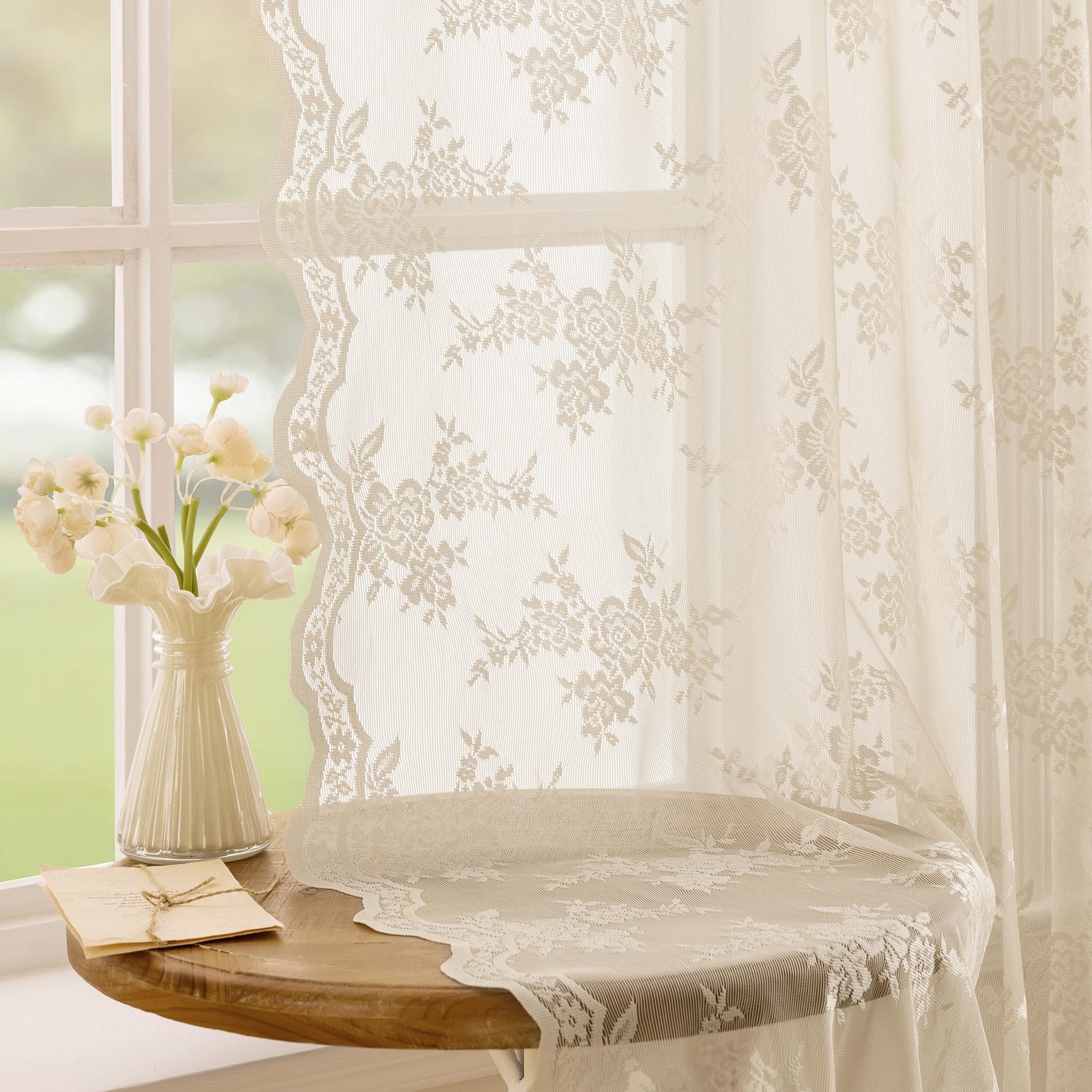 Beige Lace Curtains 84 Inches Long, Lace Sheer Curtains for Bedroom, Floral P…