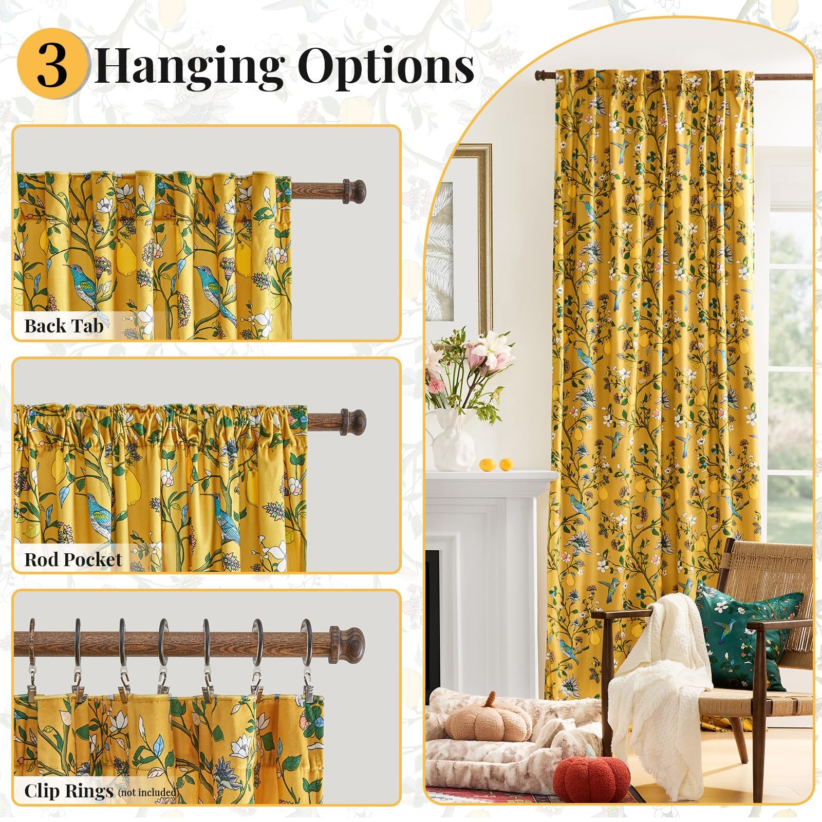Mustard Yellow Luxury Velvet Floral Curtains 84 inches for Living Room,Vintag…