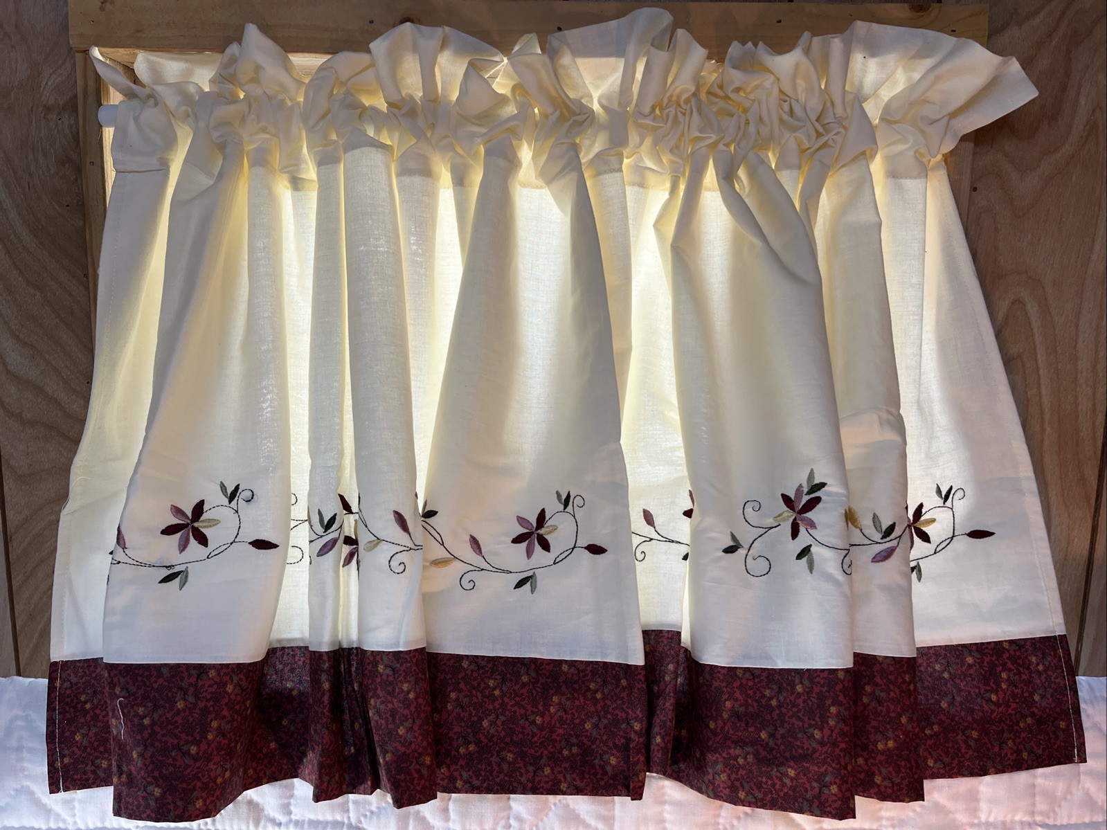 Cotton Window Valance Off White w/ Maroon Floral design 82” X 20.5” Lot of (3)
