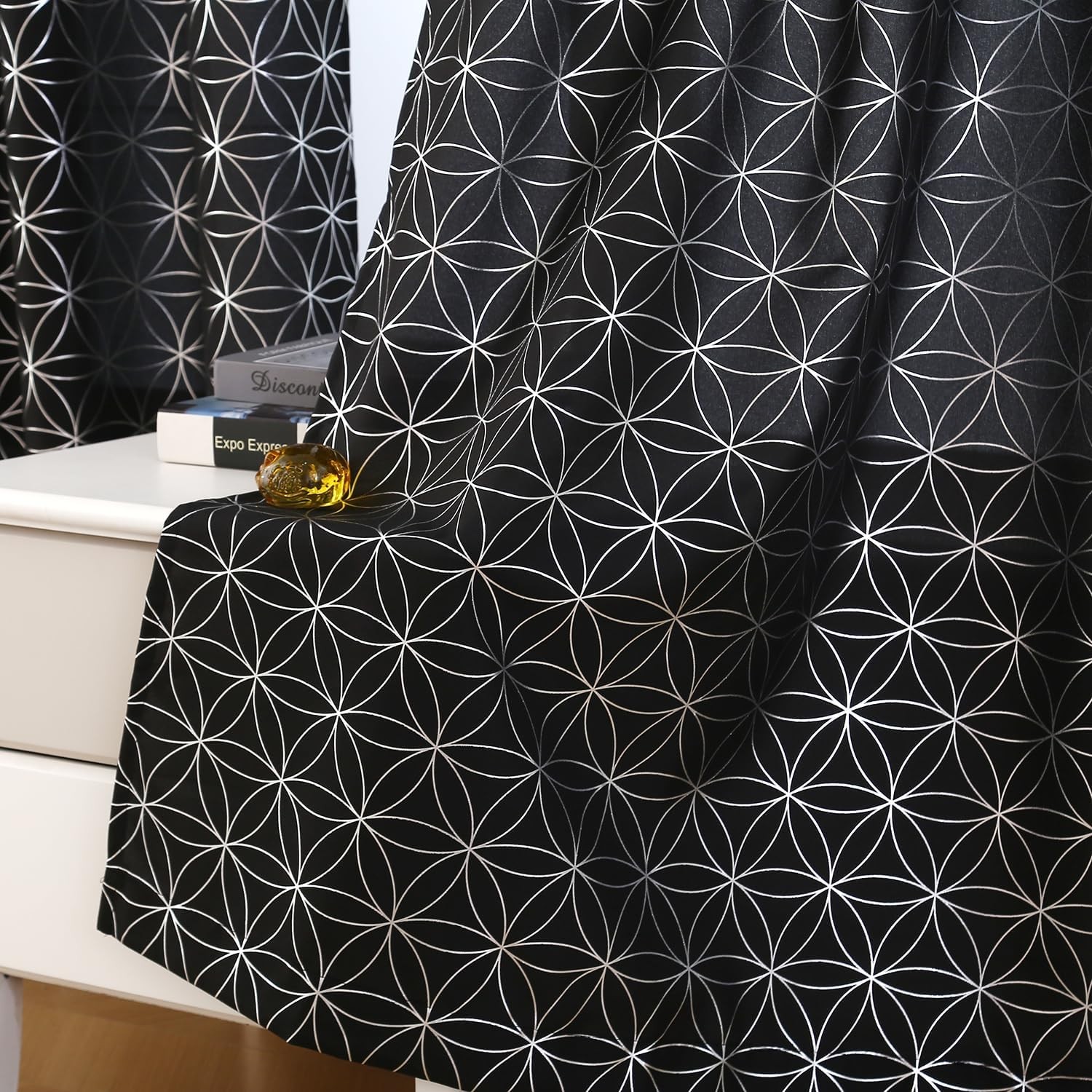 Exclusive Silver Linen Grommet Curtains,Unique Metallic Moroccan Tile FoilPrint