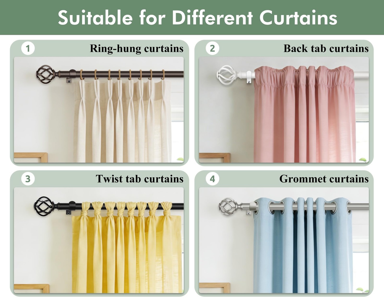 Usfook Antique Silver Curtain Rod 32 To 58 Inch 2.6-4.8 Ft 7/8 Curtain Rods For