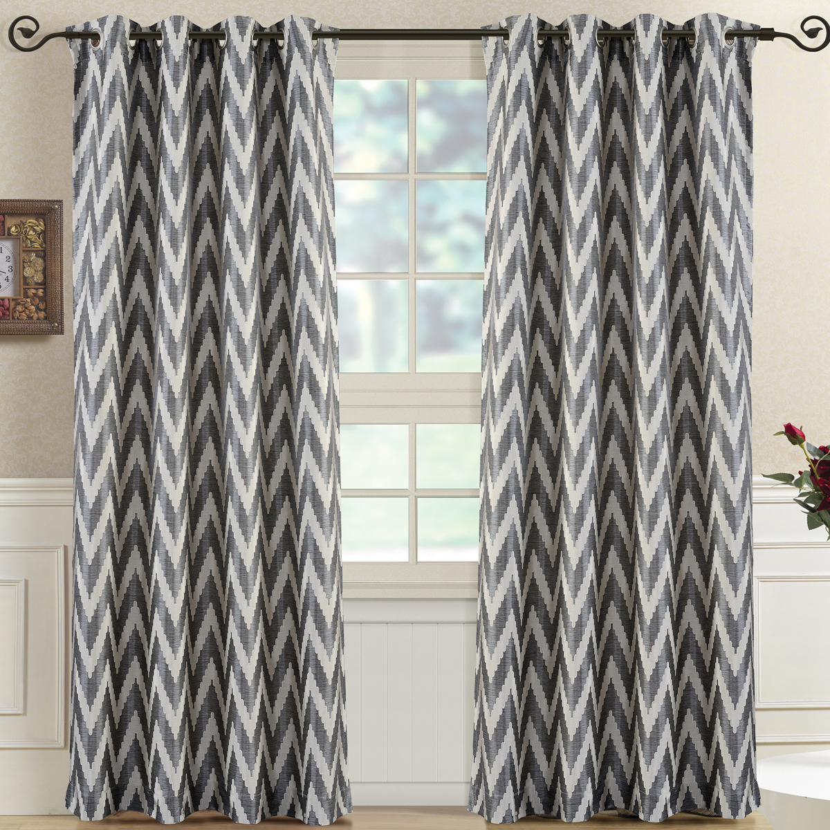 Stylish Lisette Chevron Jacquard Woven Top Grommet Window Curtain Panels (Pair)