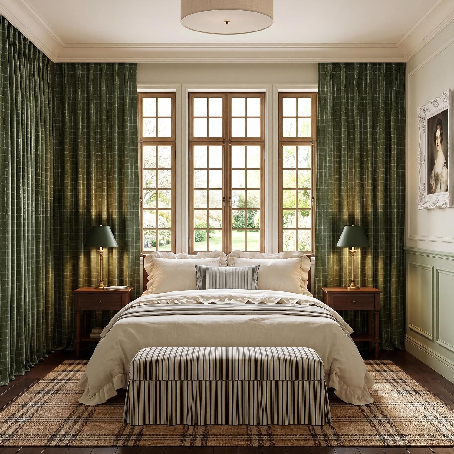 Olive Green Linen Plaid Bedroom Curtains, Rod Pocket & Back Tab Geometric Jacqua