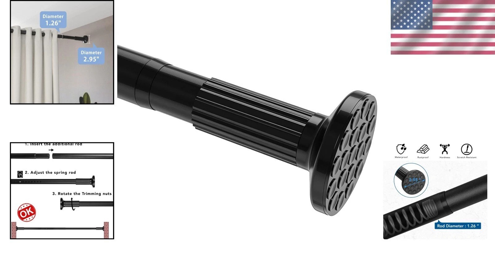 Heavy Duty Tension Curtain Rod 51-126″ Black Carbon Steel No Drill Rustproof