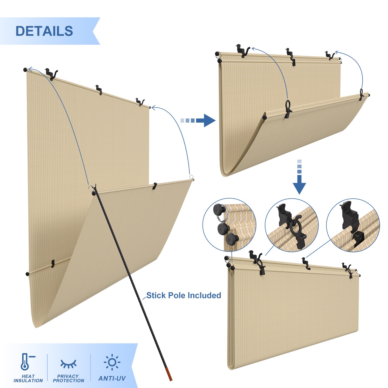 Beige 4-8ft Foldable Shade Cordless Roller Blinds Anti-UV for Patio Pergola Deck