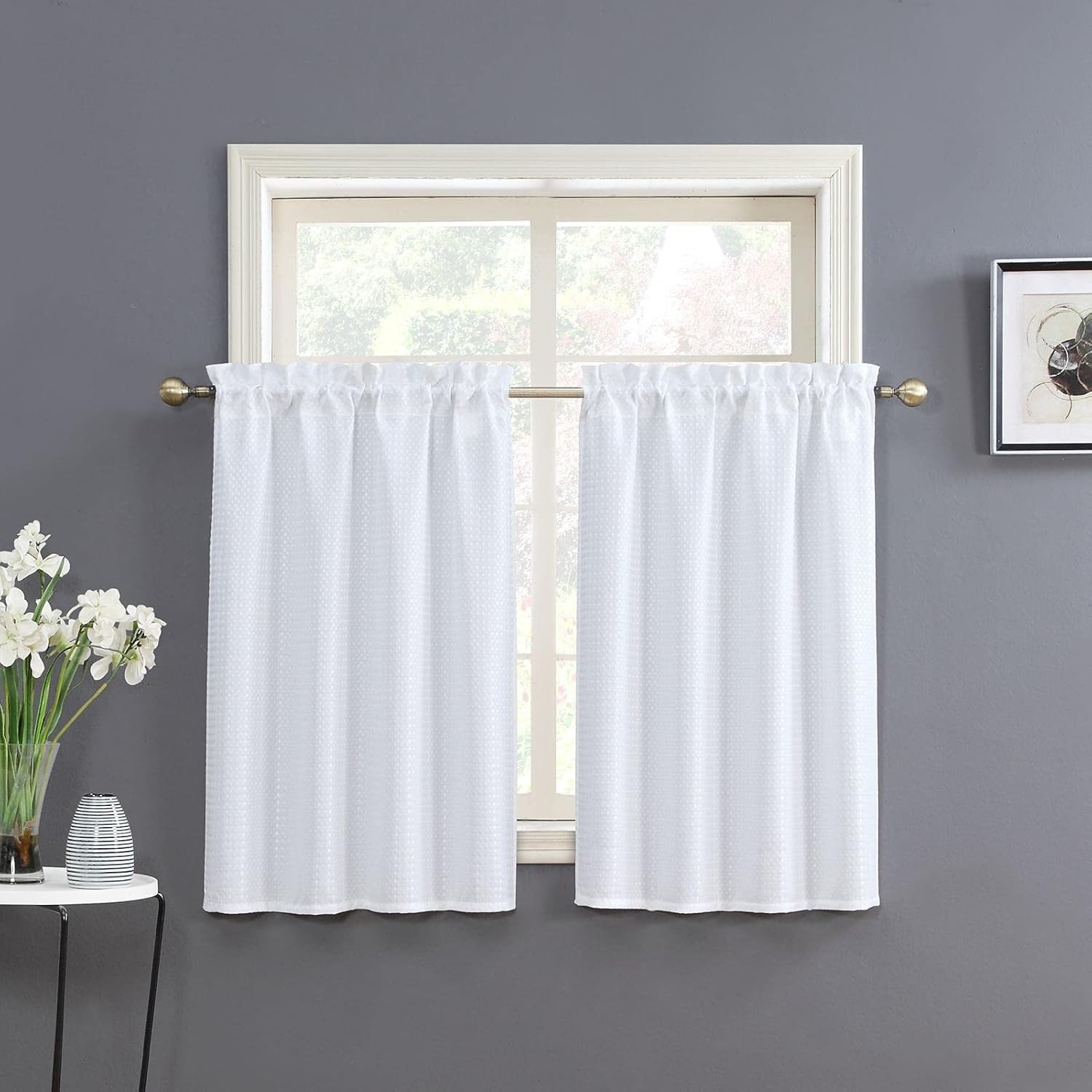 White Water Resistant Bathroom Window Curtain, Dot Waffle Textured Half Tier …