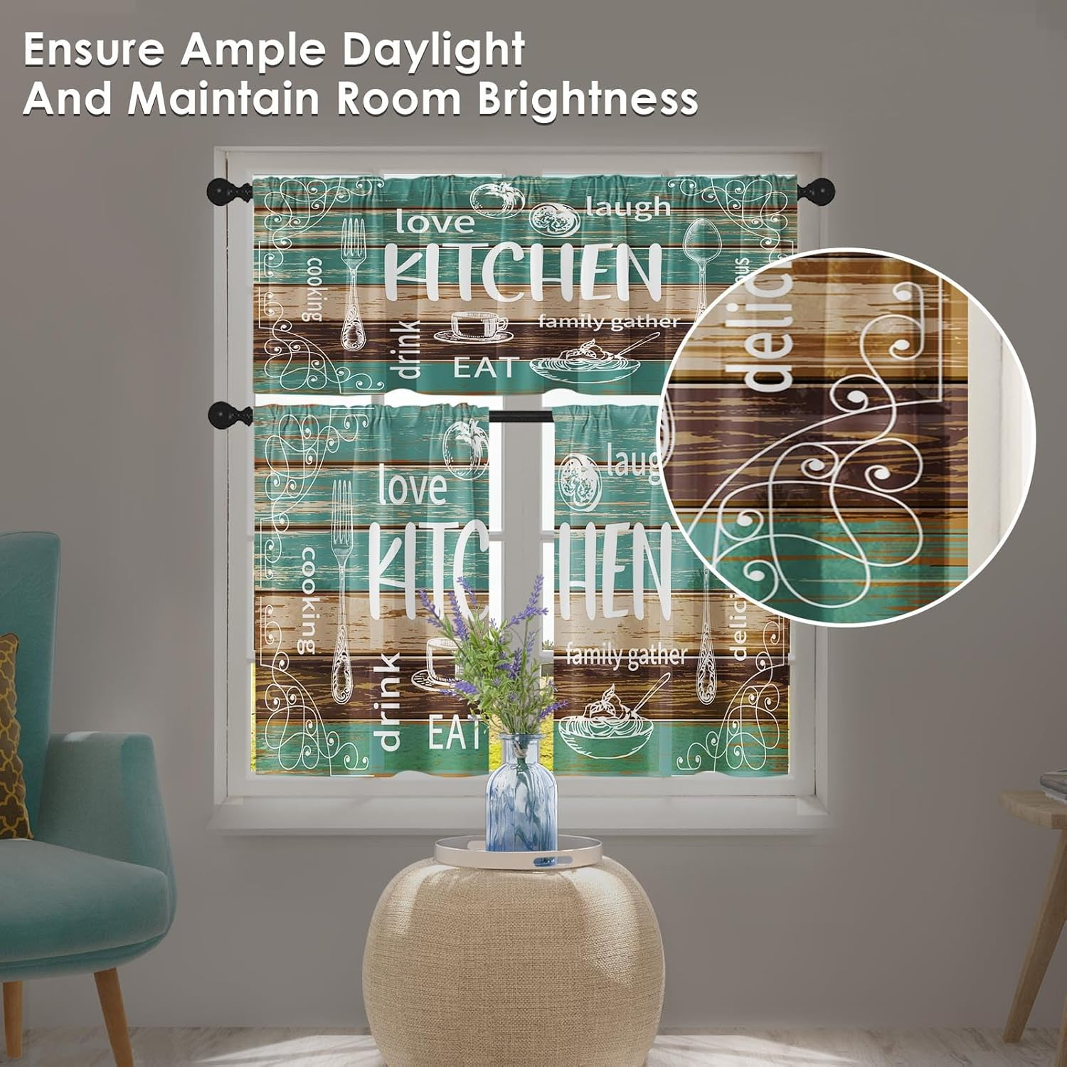 Farmhouse Rustic Kitchen Window Curtains Valance and Tier Set, Teal Turquoise Br
