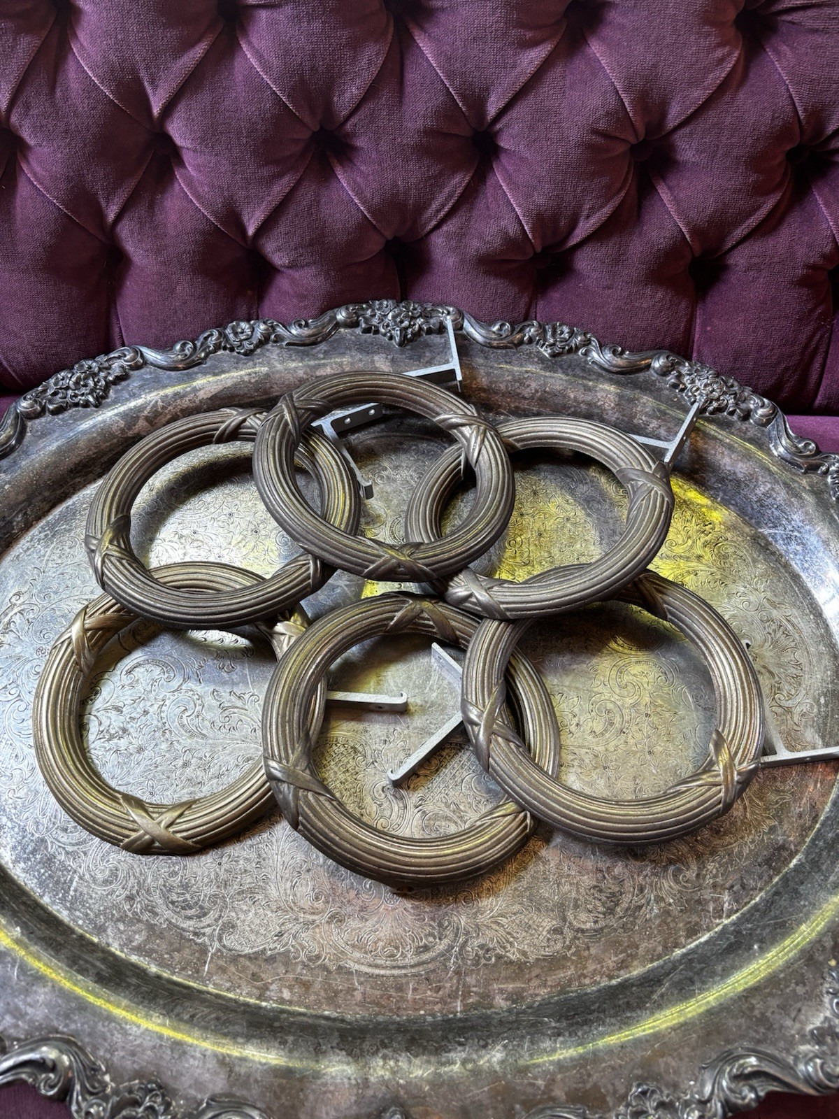 Set of 6 Vintage Brass Neoclassical Federal Curtain Tie Backs w/ Mount Brackets