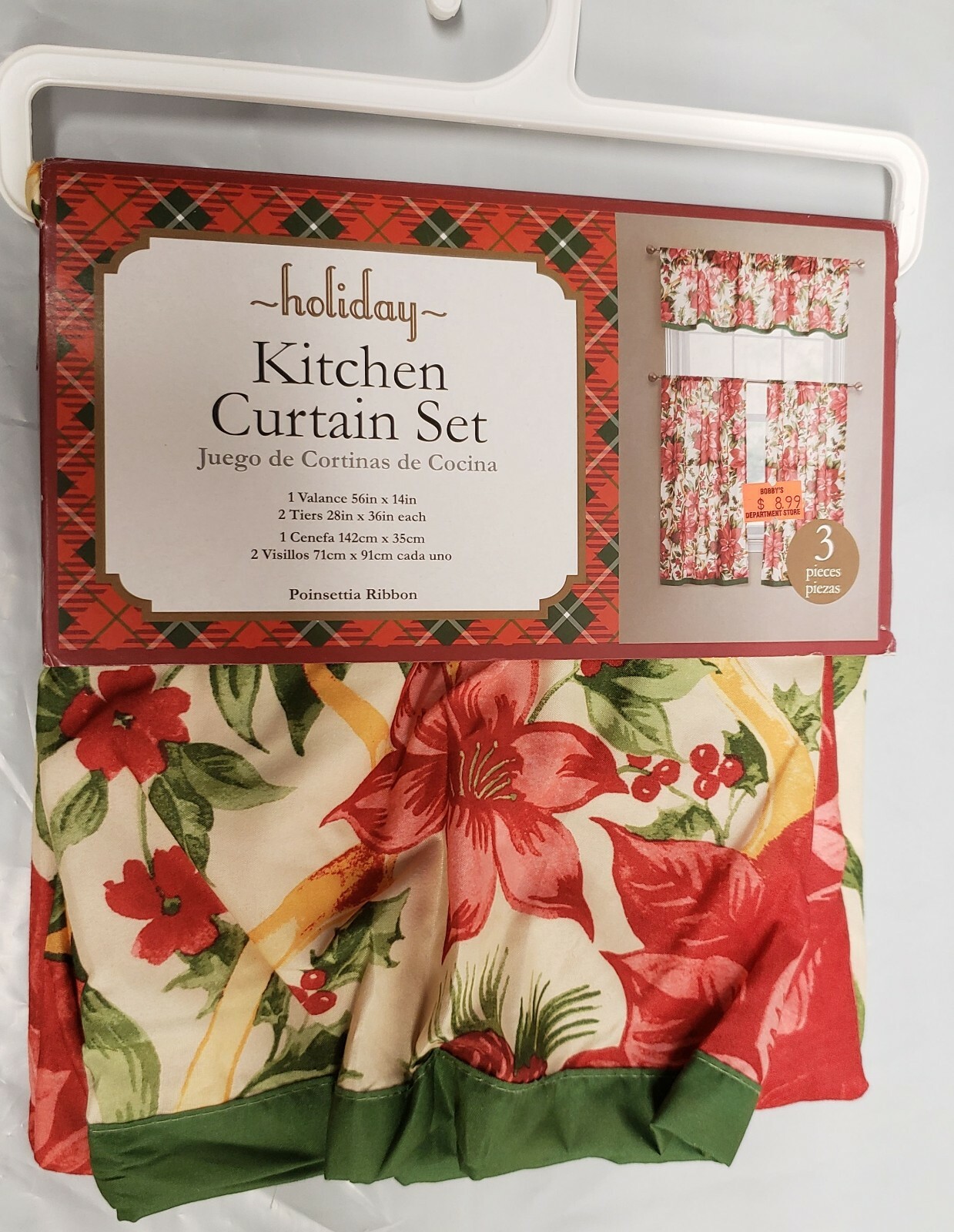 3pc Curtains Set:2 Tiers (28″)& Valance (56″x14″)POINSETTIA & BERRIES #2,Holiday