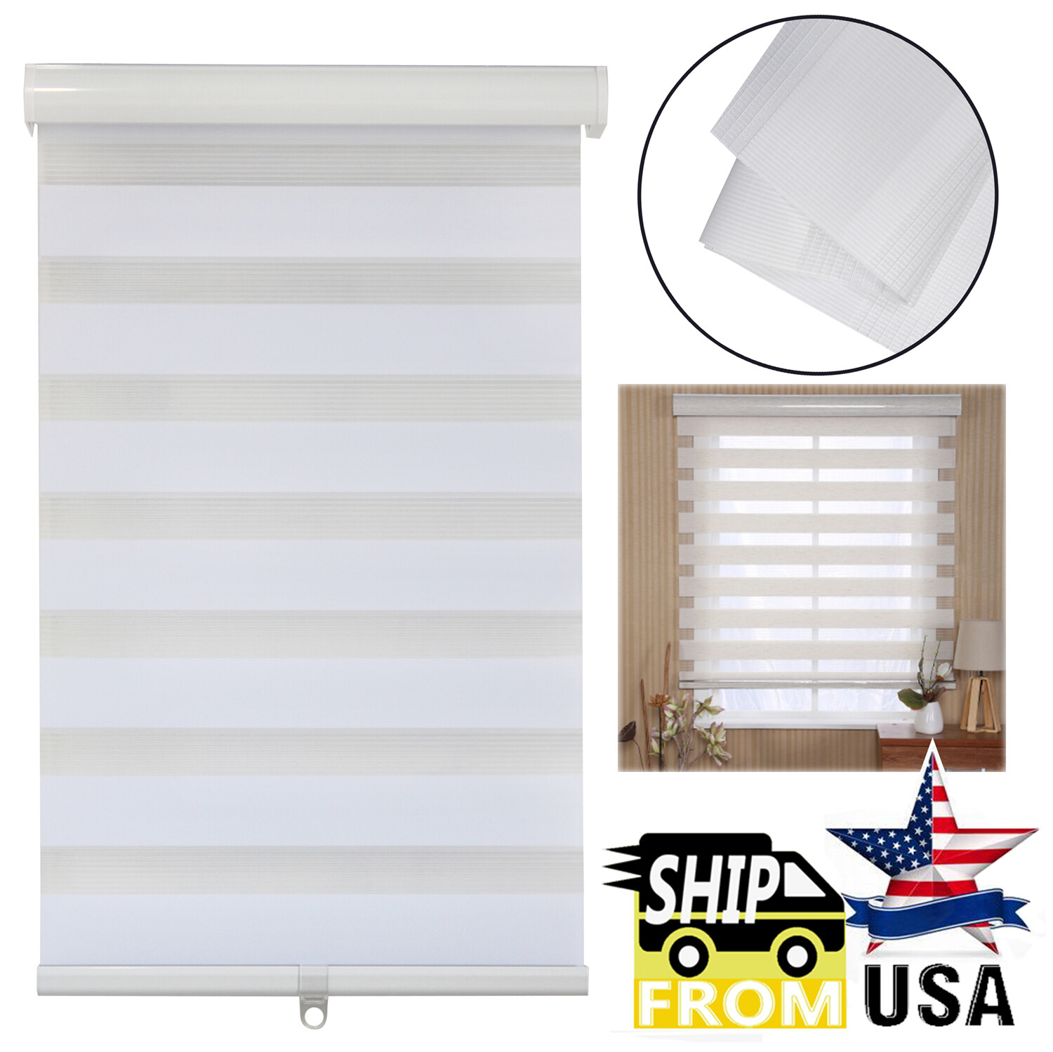 Zebra Roller Blinds [(W)64″ x (H)72″] White, Cordless, Dual Layer Shades, Sheer