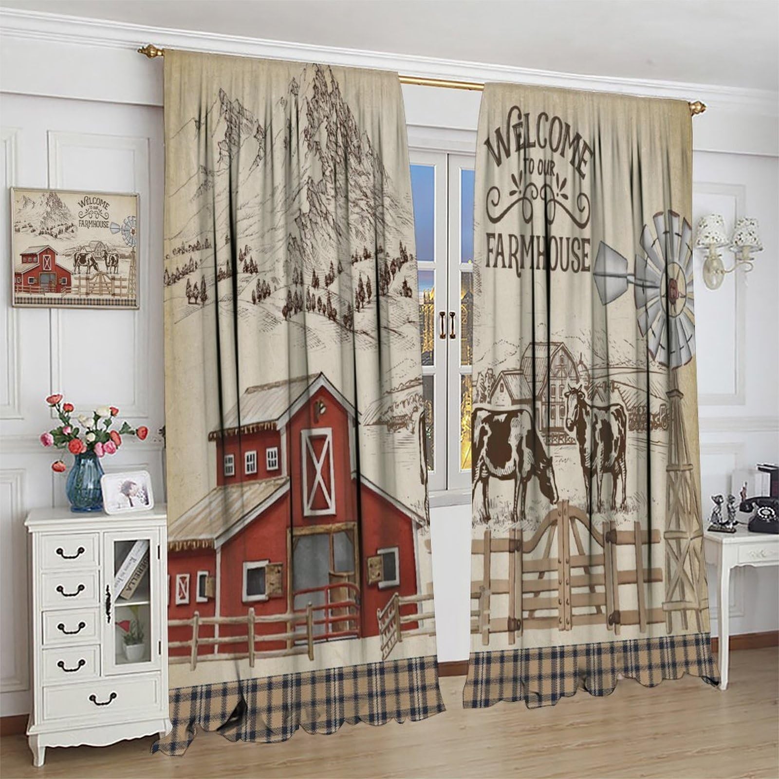 Rustic Farm Curtains, Vintage Farmhouse Cow Barn Windmill Checked Pattern Pri…