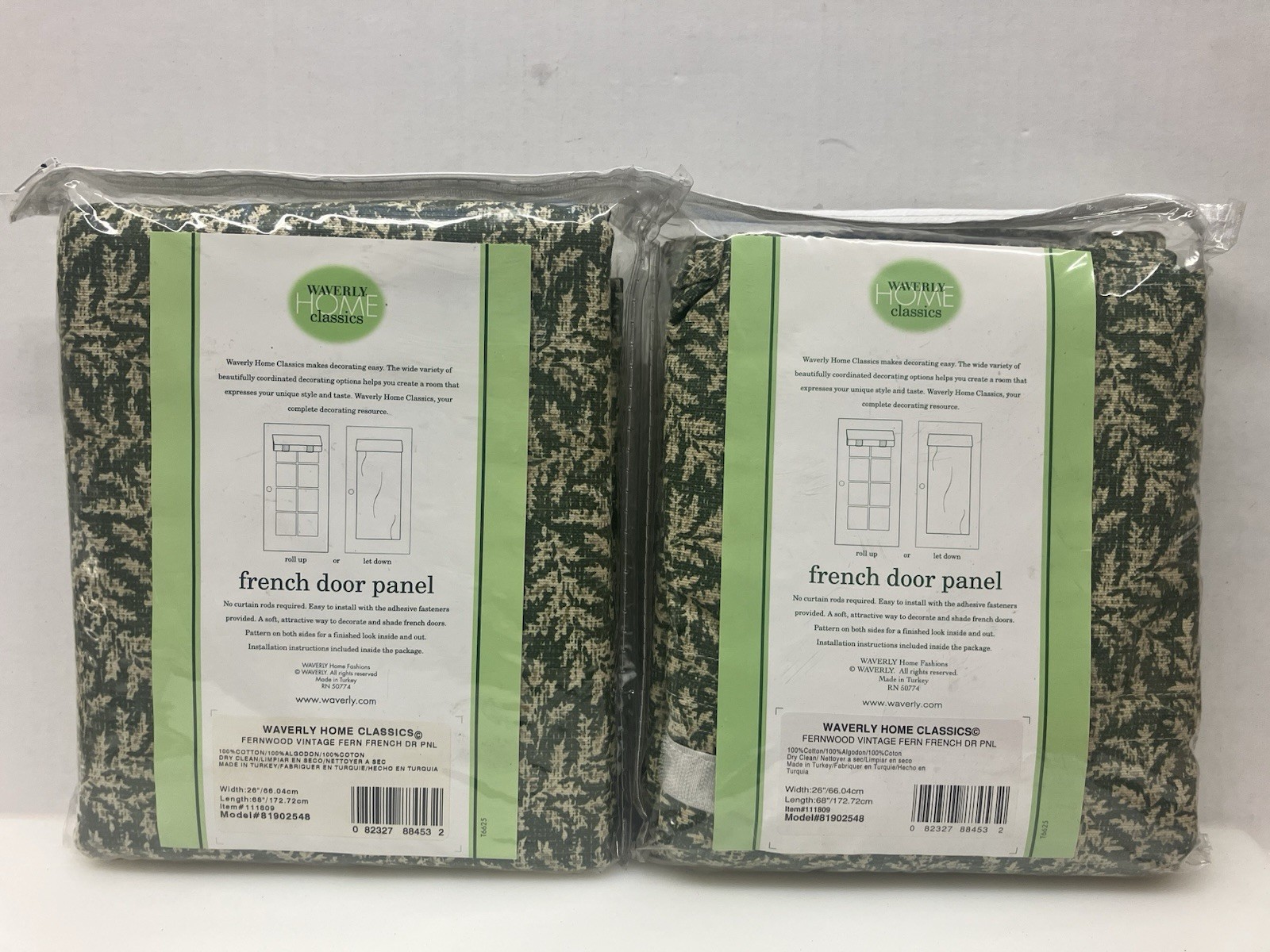 2 Waverly French Door Panel Green Fernwood Vintage Fern 26 x 68 Ticking Back New
