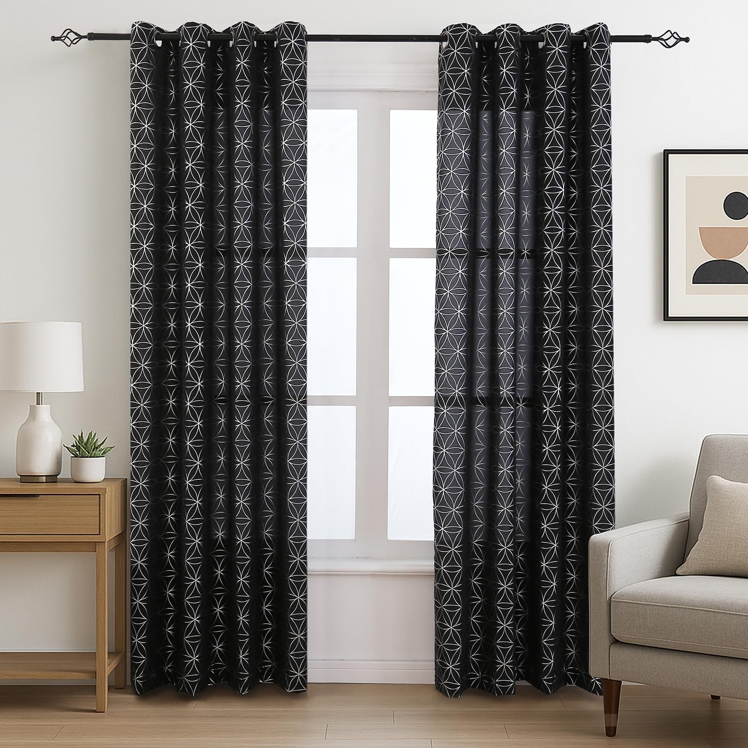 Exclusive Silver Linen Grommet Curtains,Unique Metallic Moroccan Tile FoilPrint