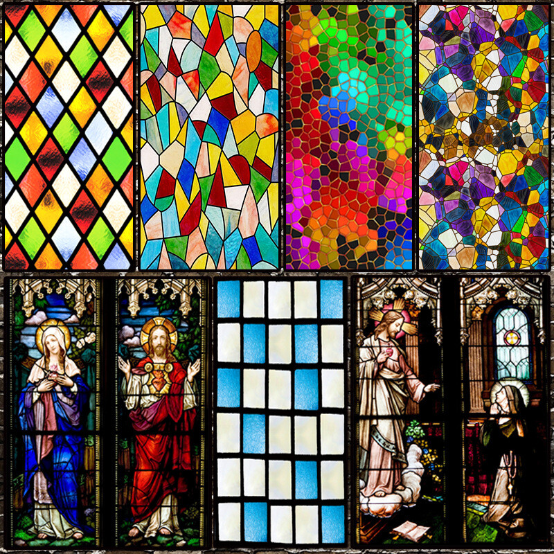 Privacy 3D Frosted Stained Retro Window Film Self-Adhesive Chapel Glass Sticker