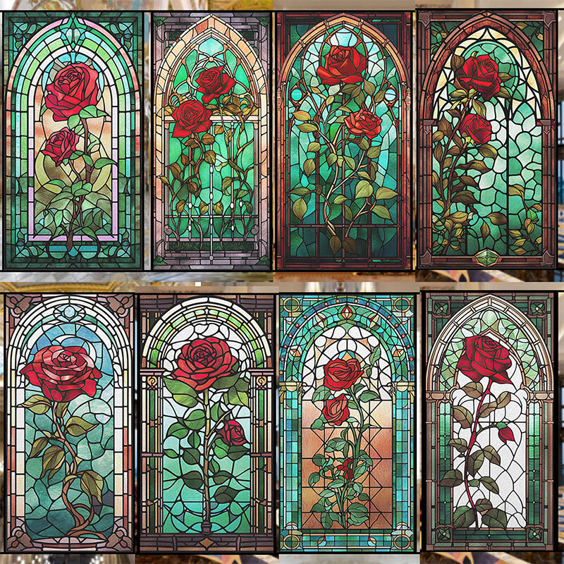 Retro Rose Stained Glass Film Frosted Window Sticker Bathroom Office Decor