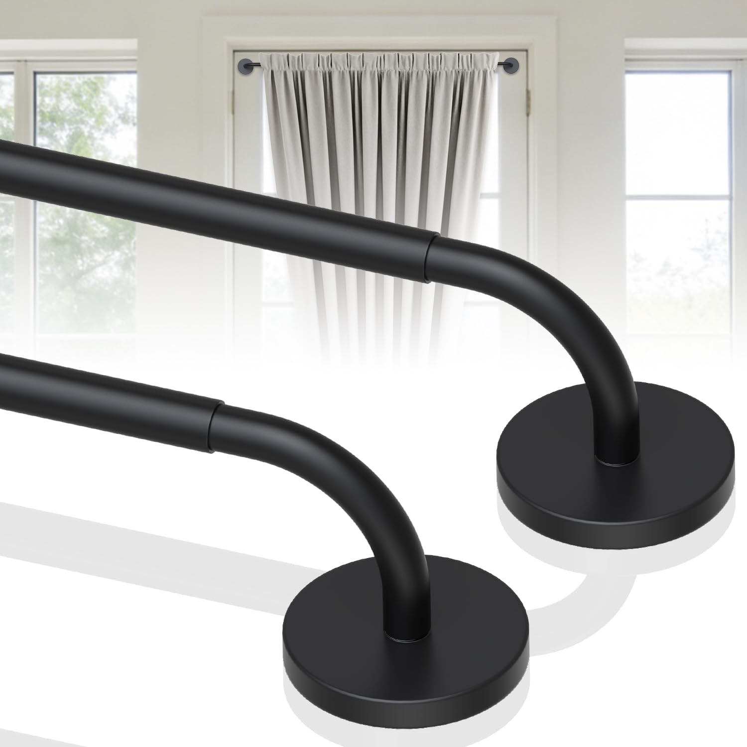 2 Pack Magnetic Curtain Rod for Door, 18-30 Inch 2 Pack, Black