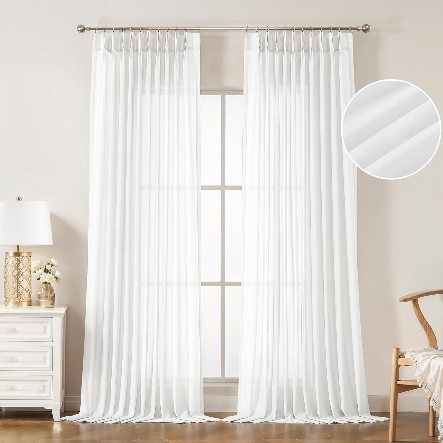 Extra Large Bright White Sheer Pinch Pleated Curtains 120″ for Home Decor