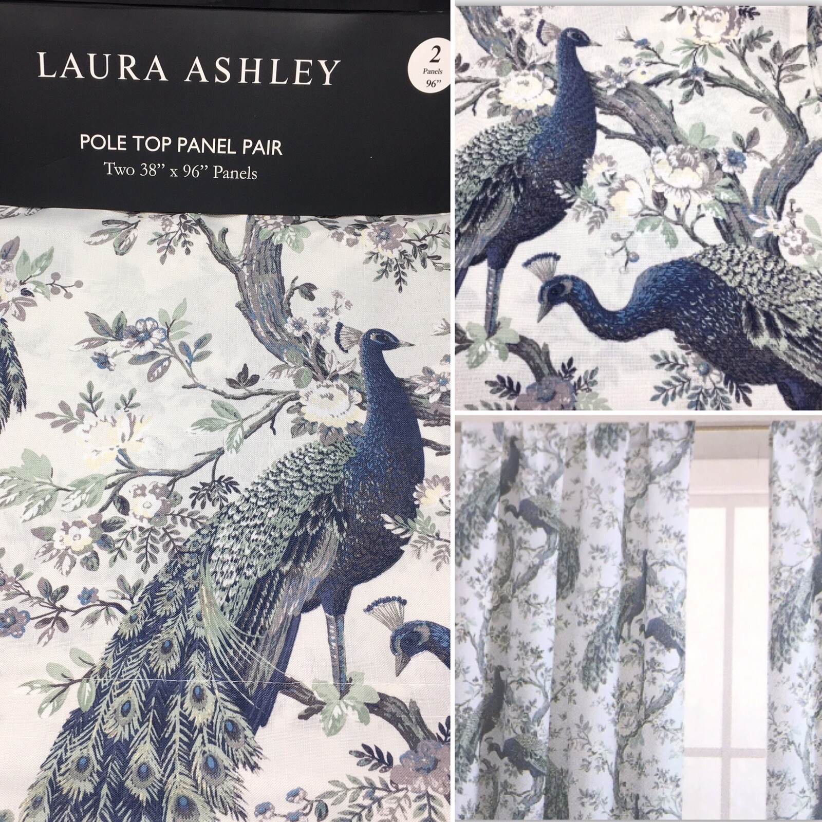 Laura Ashley Peacock 2 Window Curtain Panels 38×96 Belvedere Floral Blue Green