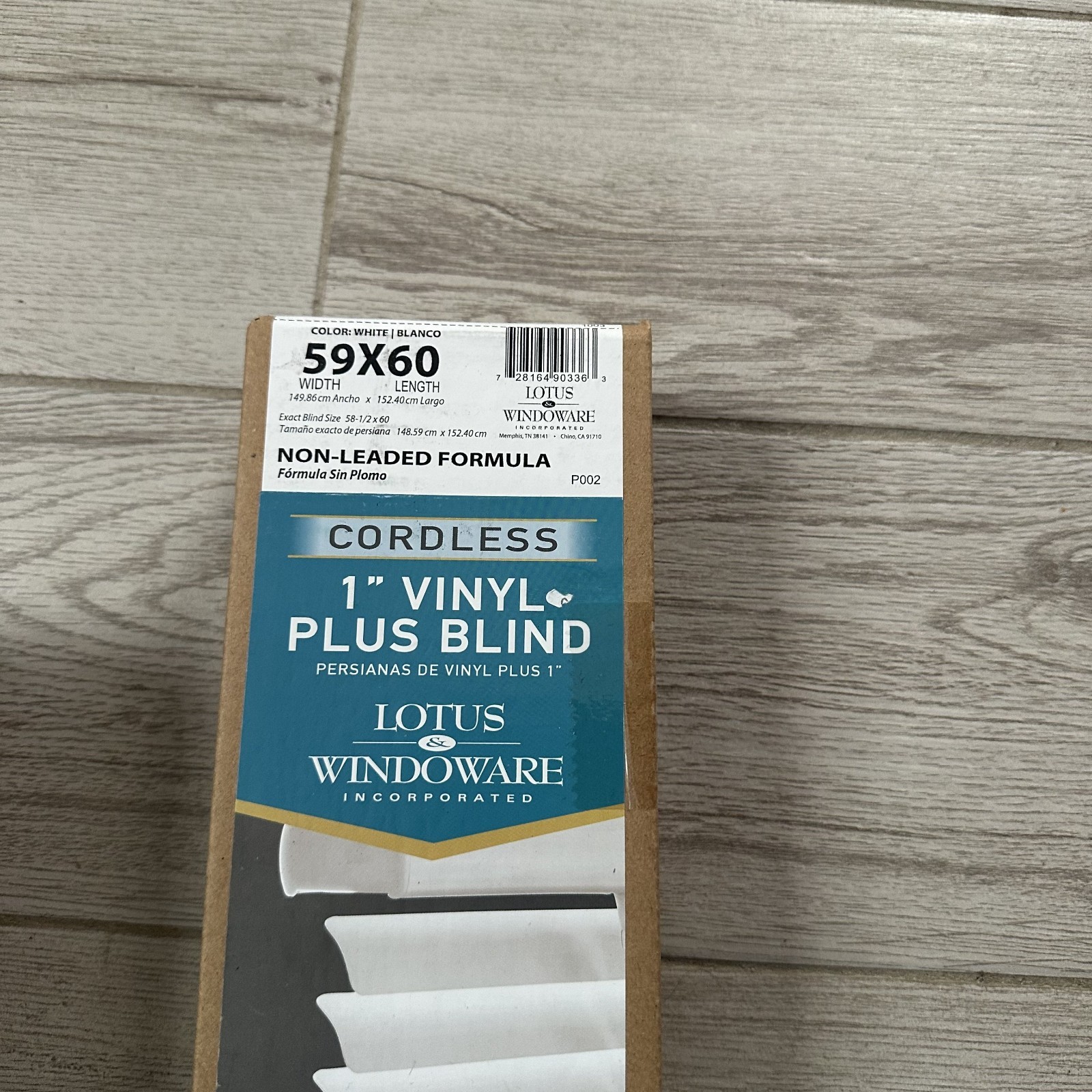 Lotus & Windoware 1″ Vinyl Plus blind white cordless 59″X60″ Non-Leaded Formula.