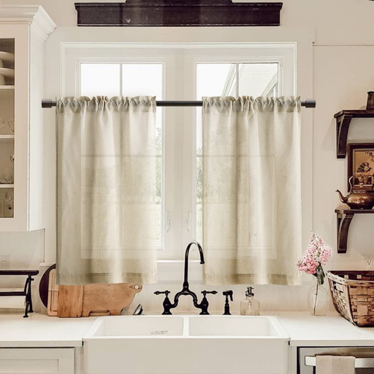 Kitchen Curtains 24 Inch Length Rustic Beige Farmhouse Country Linen Short Ca…