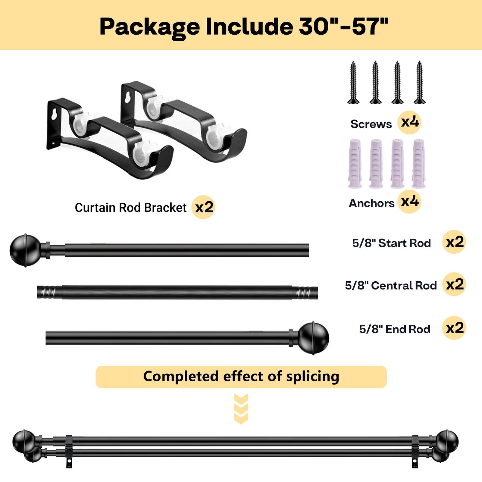Adjustable Double Curtain Rods Windows 30 To 57 Inch 5/8 Inch Dia Black