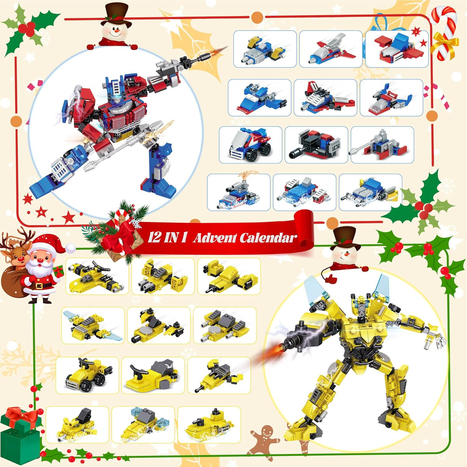 Advent Calendar 2025-24 Packs Transform Robot Building Blocks, 12-in-1 Party Fav