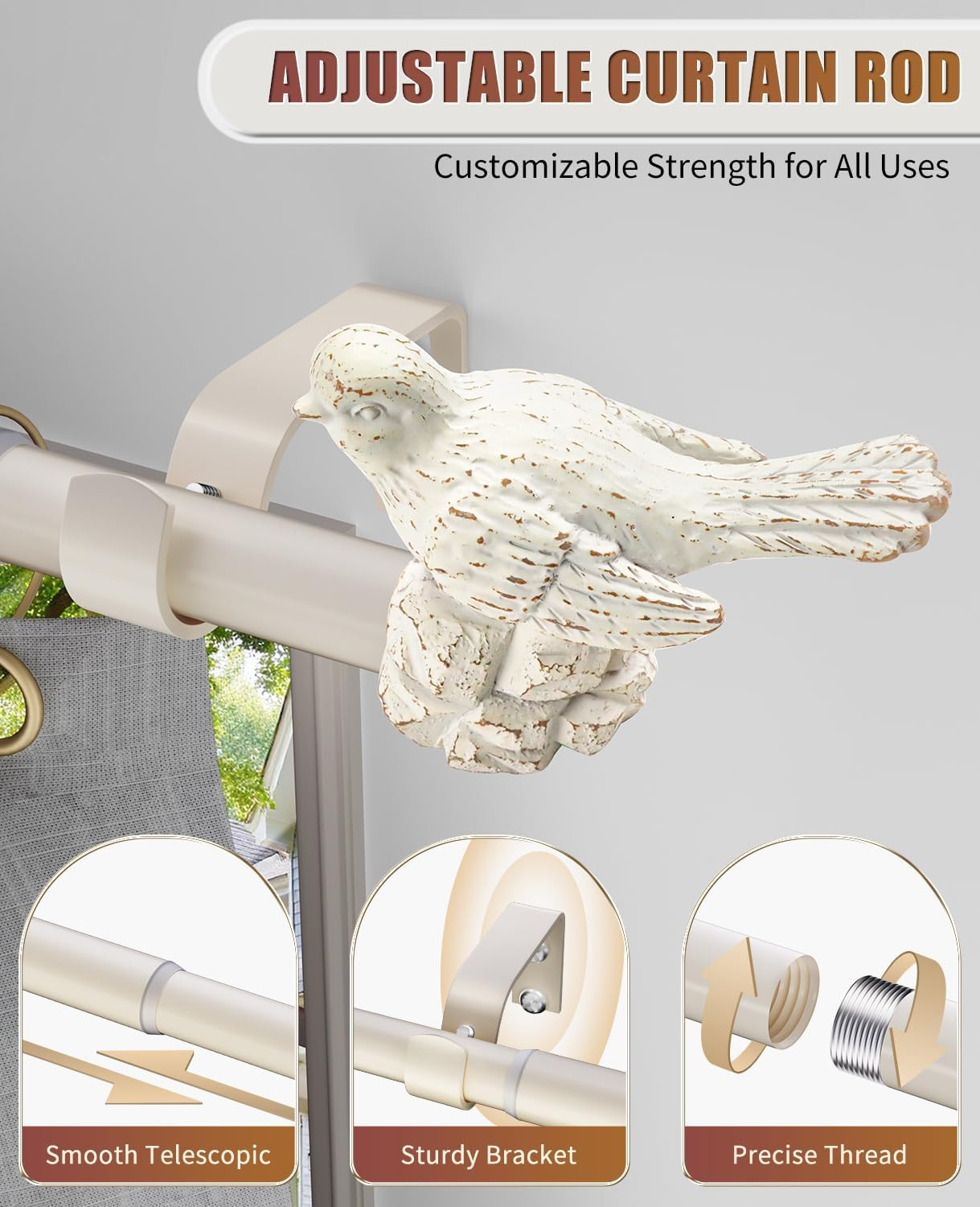 Adjustable White Curtain Rod 36-120″ with Bird Finials for Heavy Duty Use