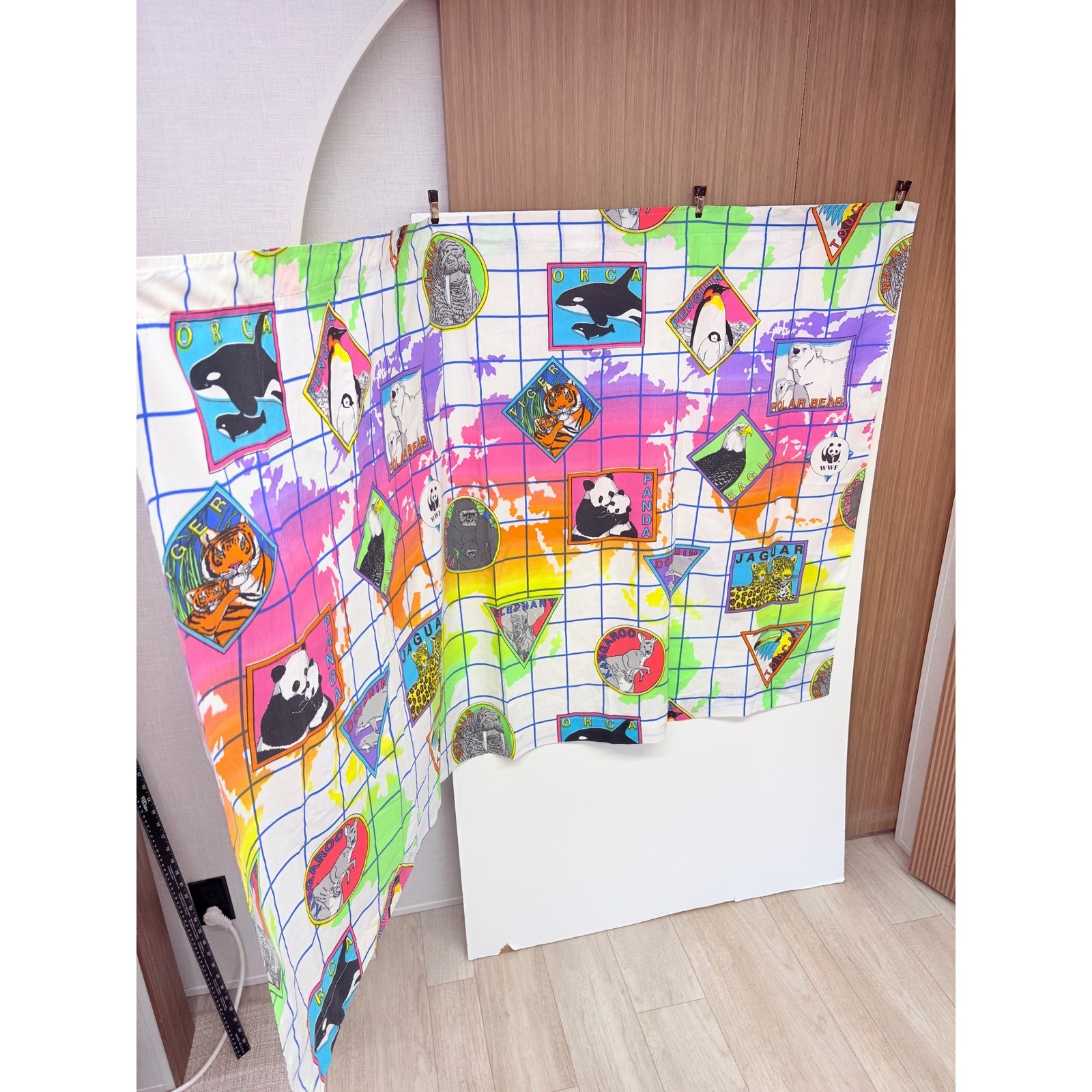 WWF Vintage 90s Rare Animal Map 4 panel Curtain Multi Color Retro Decor Wildlife