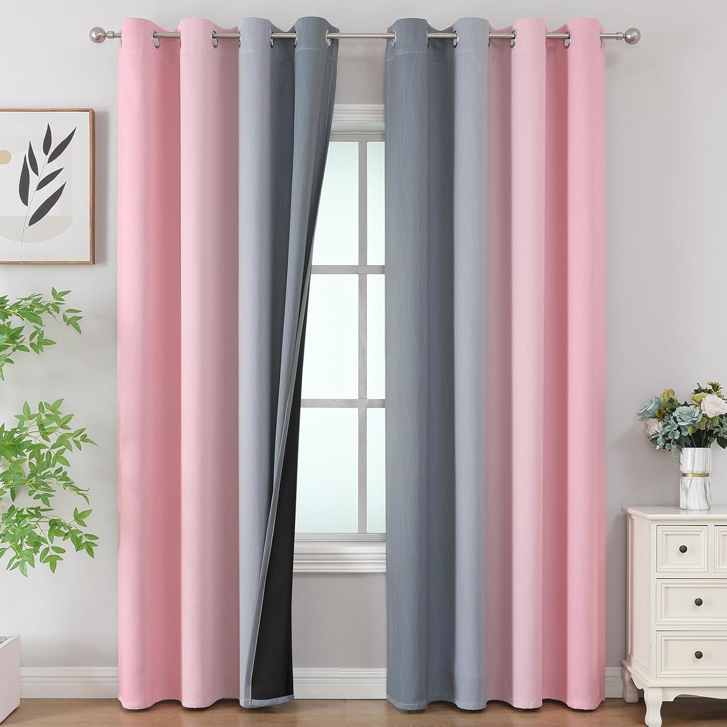 Pink and Grey Blackout Curtains 84 Inch Length,Ombre Full Room Darkening Window