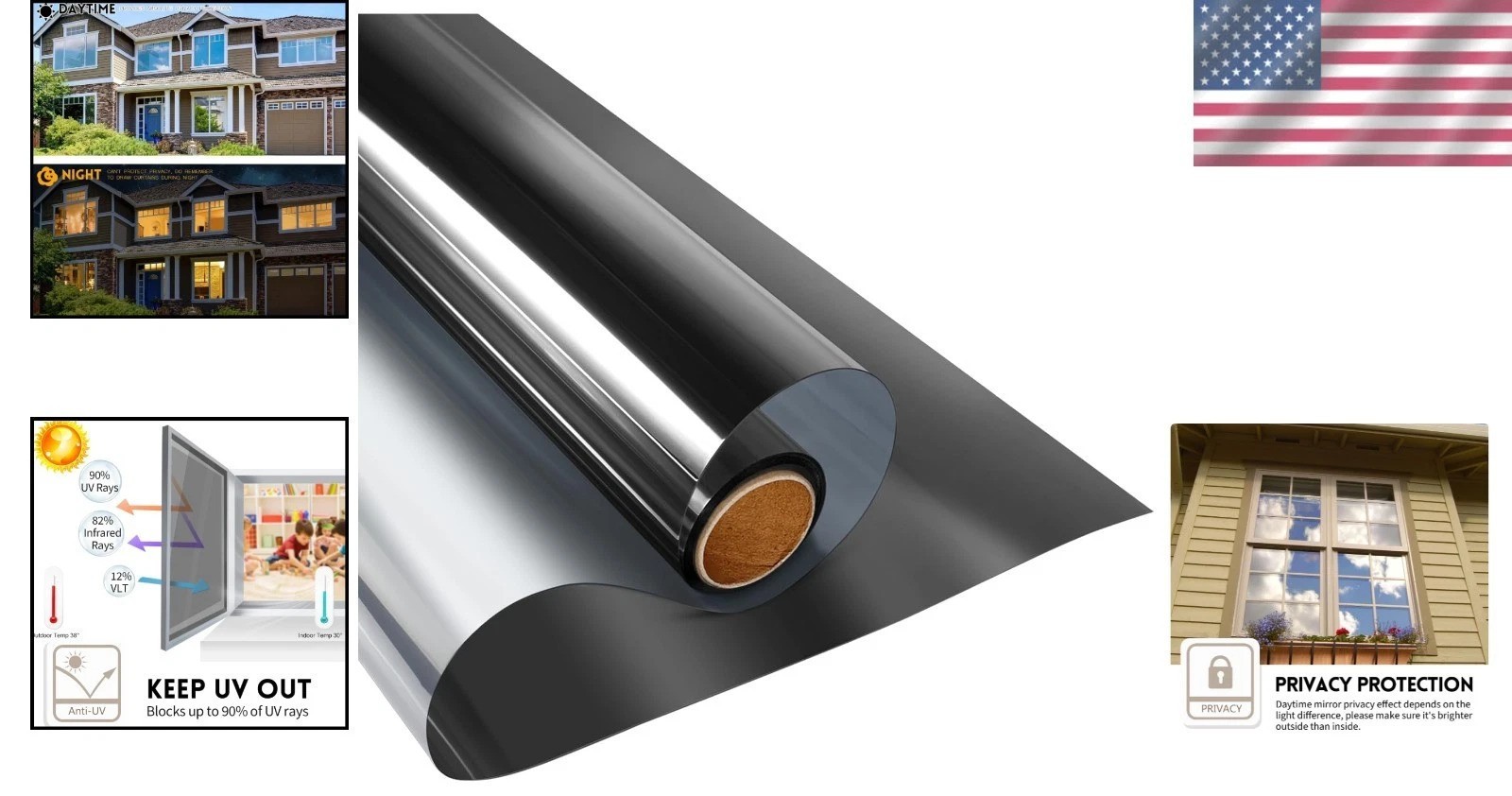Reflective One Way Privacy Window Film – Heat Control & Anti-UV, 35.4″x8.2′