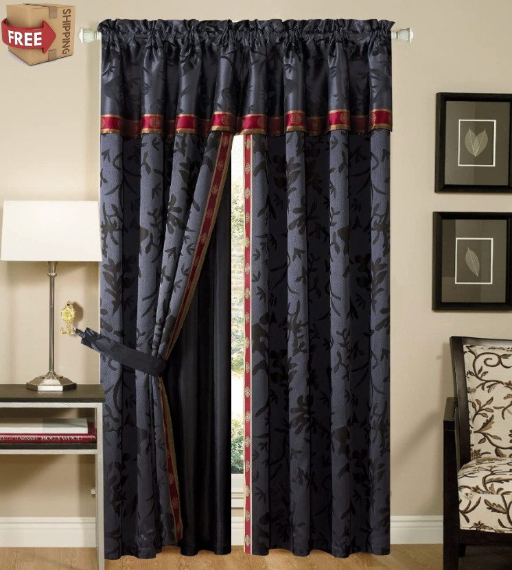 Black Red Gold Asian Floral 4 pc Curtains Panels Drapes Valance Set 84 inch Long
