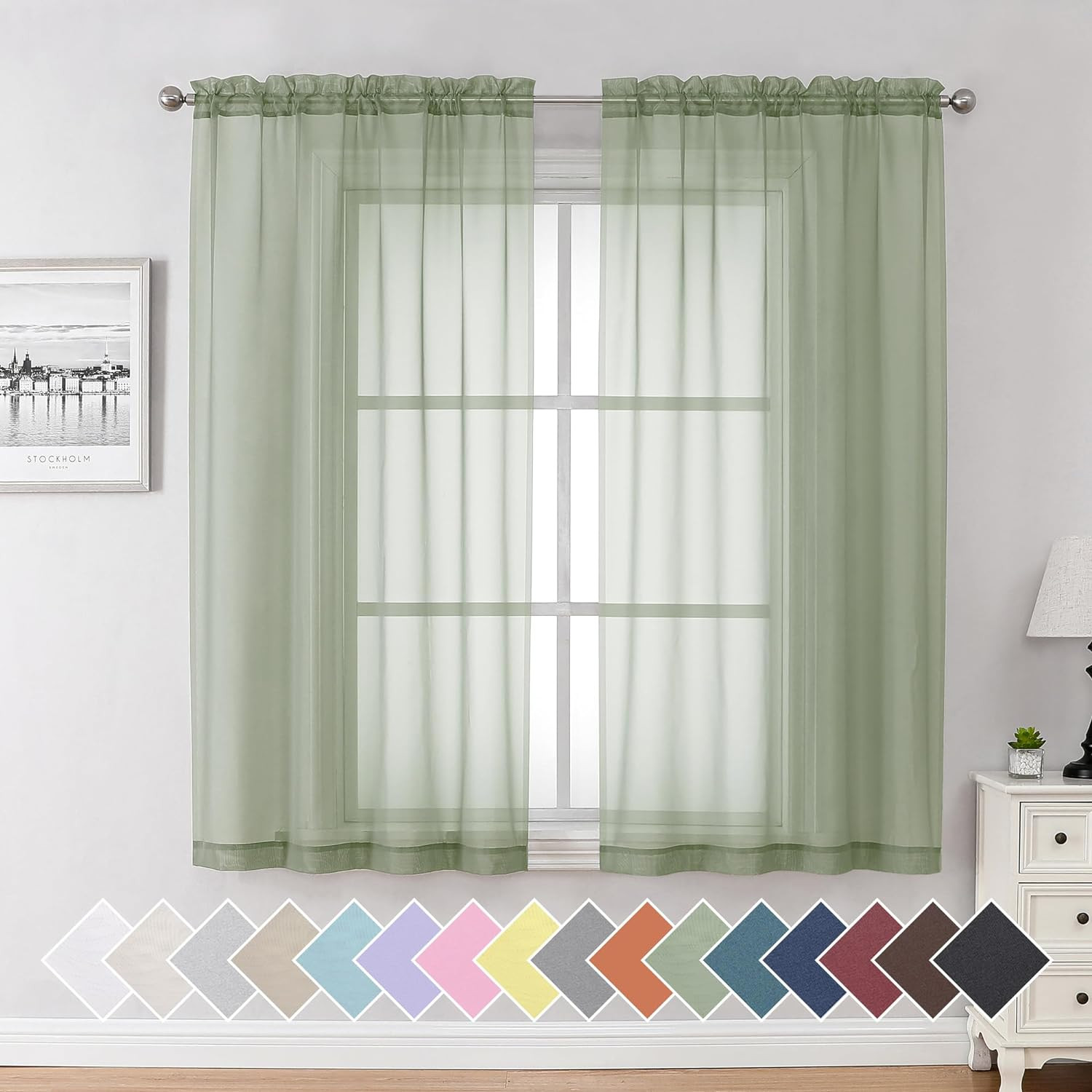 Sheer Curtains 63 Inch Length 2 Panels Set for W 40″ X L 63″ | Pair Sage Green