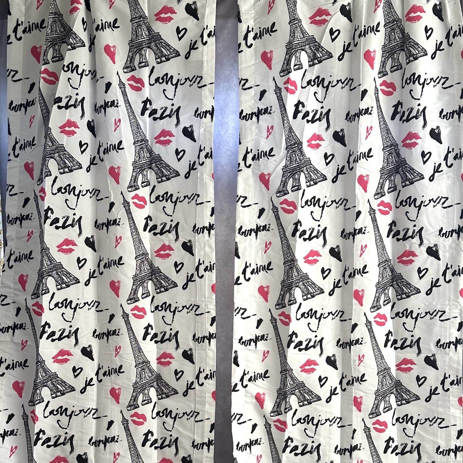 Paris Eiffel Tower Curtain Panels Set of 2 White Black Pink 28×84 Semi-Sheer NEW