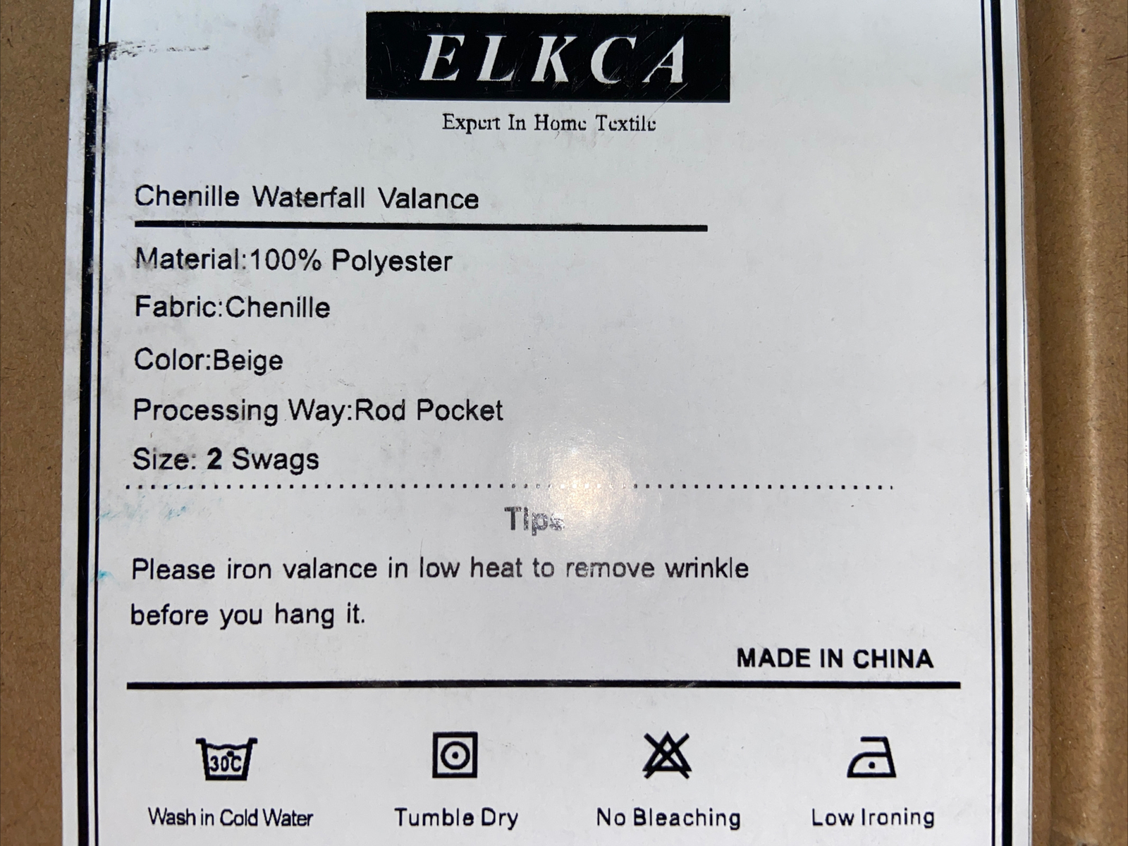 ***Free Shipping***Brand New, Elkca Chenille Waterfall Valance, Beige, 2 Swag.