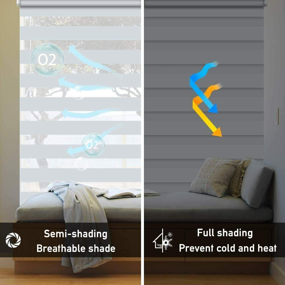 Free-Stop Cordless Zebra Roller Blinds Horizontal Window Shade Dual Layer Sheer