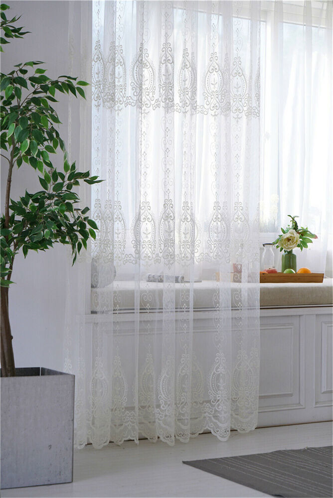 Floral Embroidered Sheer Curtain Elegant Tulle Curtain Voile Window Drape 1Piece