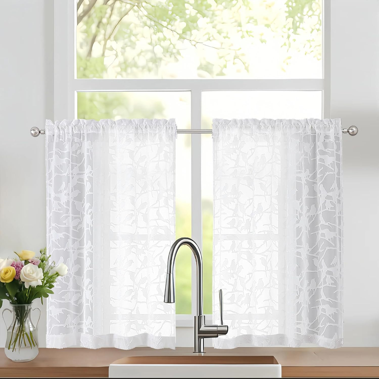 Textured White Kitchen Sheer Curtains 36 Inch Length 2 Panels Set
