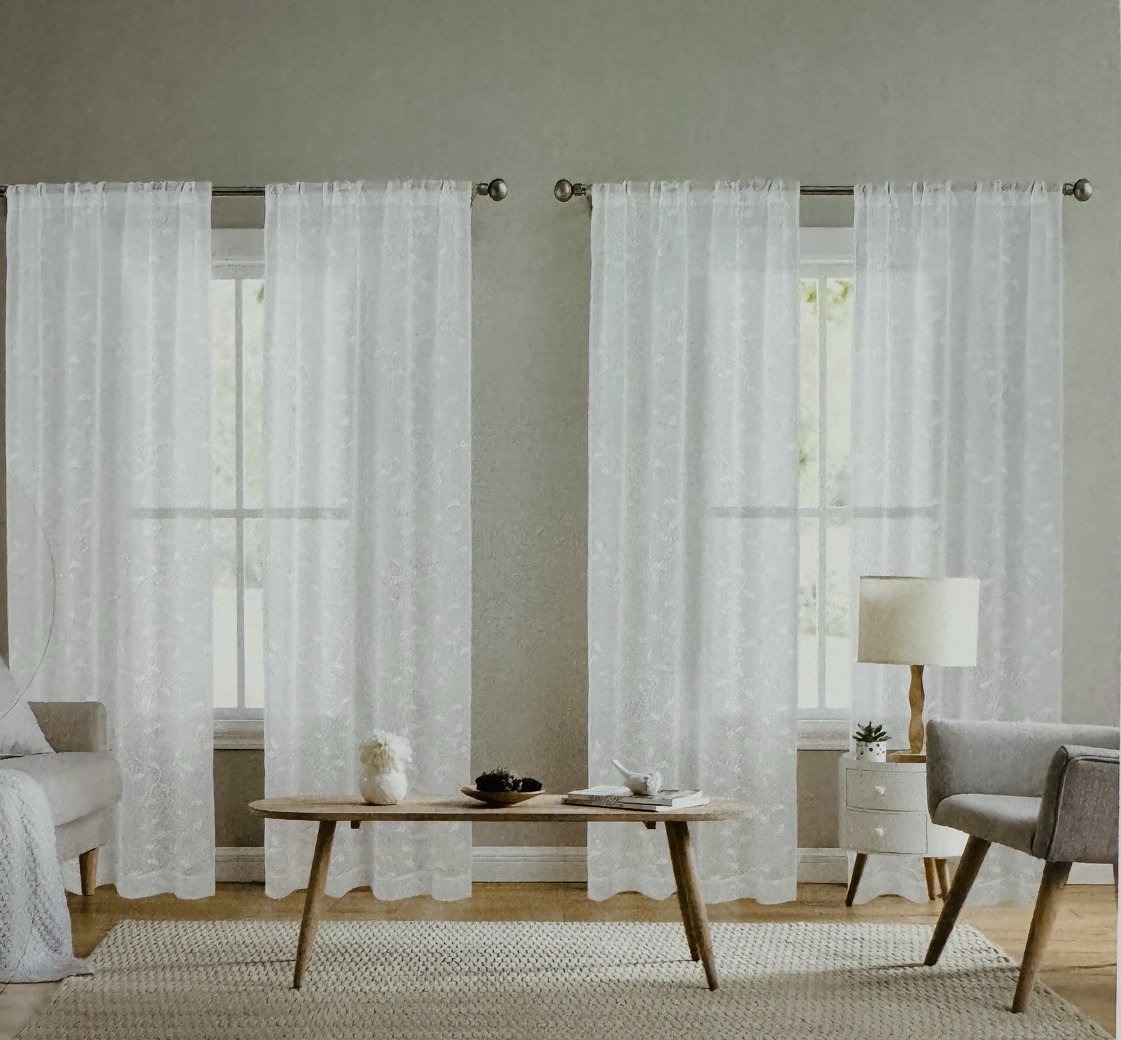 Laura Ashley Window Curtains 4 Panels 38 x 96″ Cream Embroidered Sheer Daventry