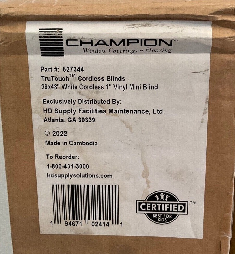 Champion TruTouch Cordless 1″ Vinyl Mini Blind 29″ x 48″ White