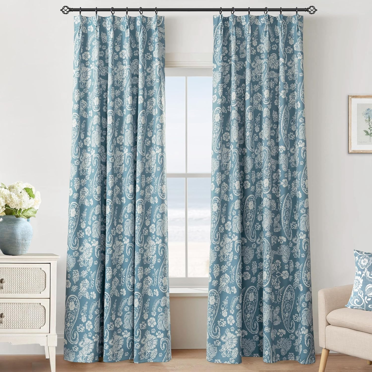 Dusty Blue Pinch Pleated Blackout Curtain Drapes for Bedroom, Floral Patterned F