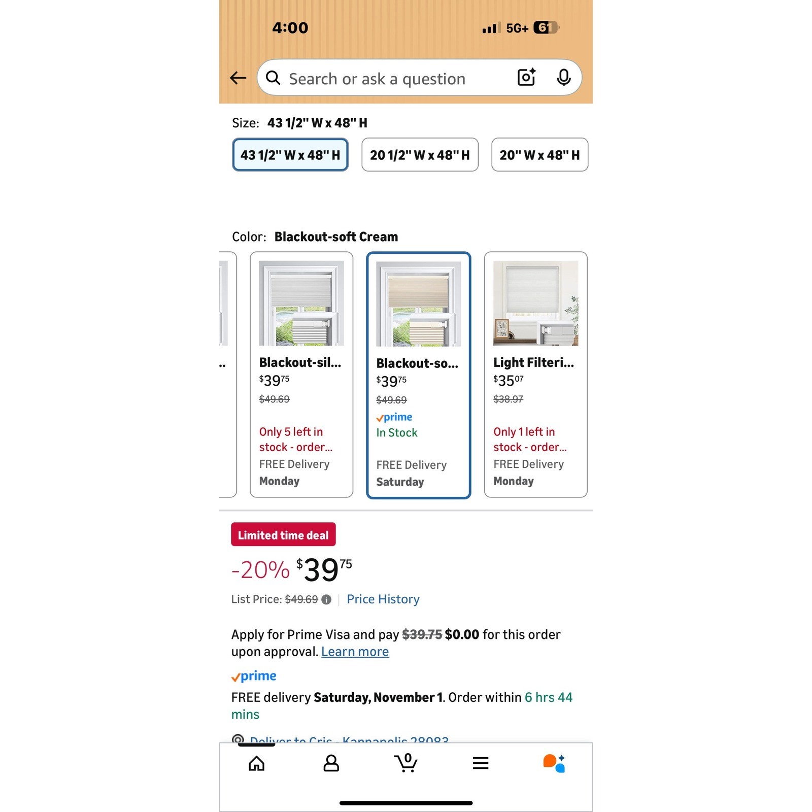 Laz Blinds Cordless Blackout Cellular Shades Soft Cream 43 1/2″ W x 48″ H