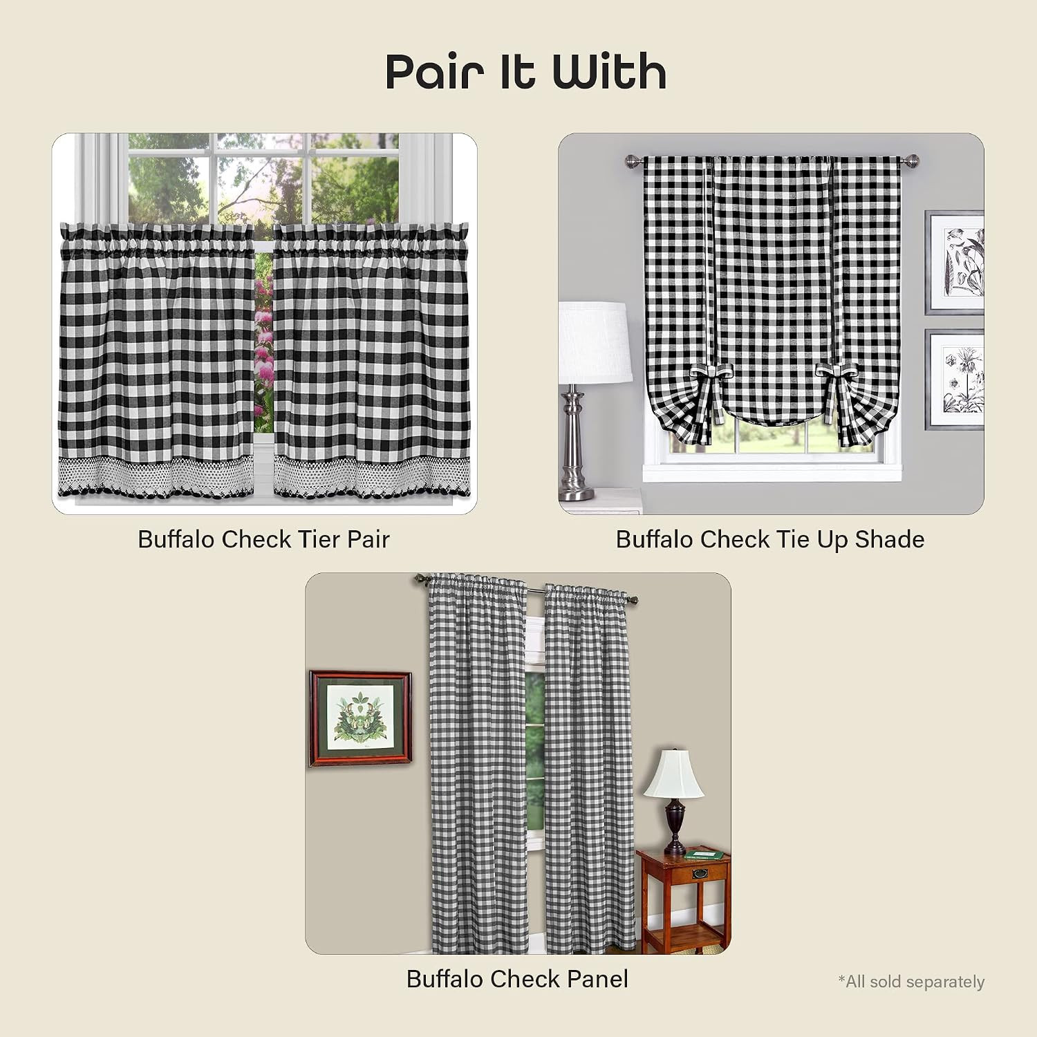 Buffalo Check Valance Window Curtains – 58 Inch Width, 14 Inch Length