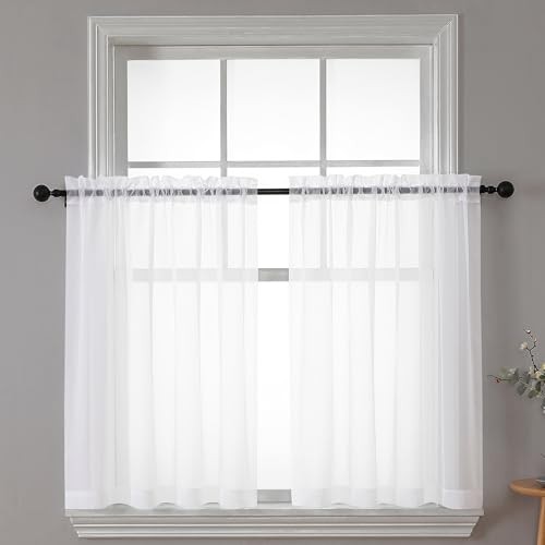 Sheer Curtains 30 inch Length 2 Panels, Light 42″W x 30″L (Pack of 2) White
