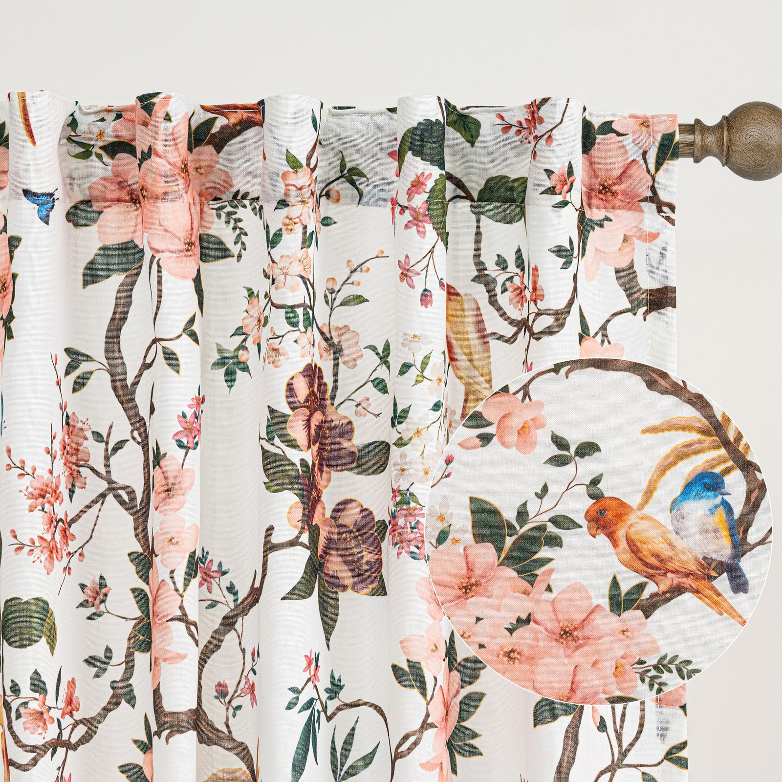 2 Panel 108″L Cream Beige White Floral Linen Curtain Semi Sheer Light SEELUCK