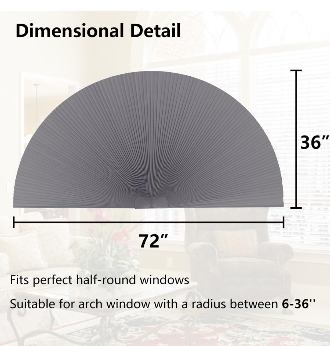 SEEYE Arch Window Blackout Shades Pleated Fabric 36” Half Moon Dark Gray-White