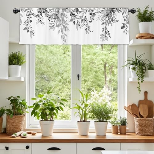 54x18Inch Botanical Leaves Kitchen Valances Black Watercolor Grey Eucalyptus